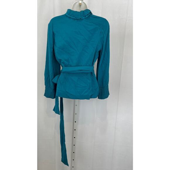DIANE VON FURSTENBERG DVF Silk Wrap Top Long Sleeve Stretch Teal Blue Size 4 - Picture 5 of 8